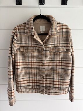 Joie Brown & Cream Plaid Button-Front Wool-Blend Jacket, Size Medium